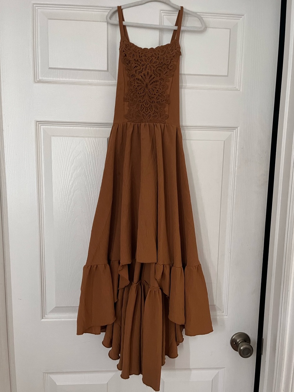 Joyfolie Rust Brown High-Low Ruffle Dress with Lace Bodice